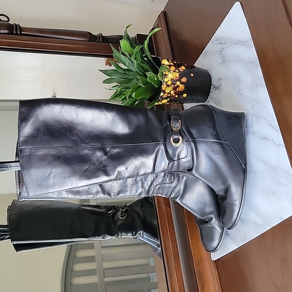 Town Shoes Women's Knee High Black Leather Wedge Heel Boot- Size 39 - Picture 2 of 16